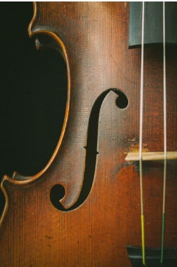 Close-up of a violin f-hole and strings
